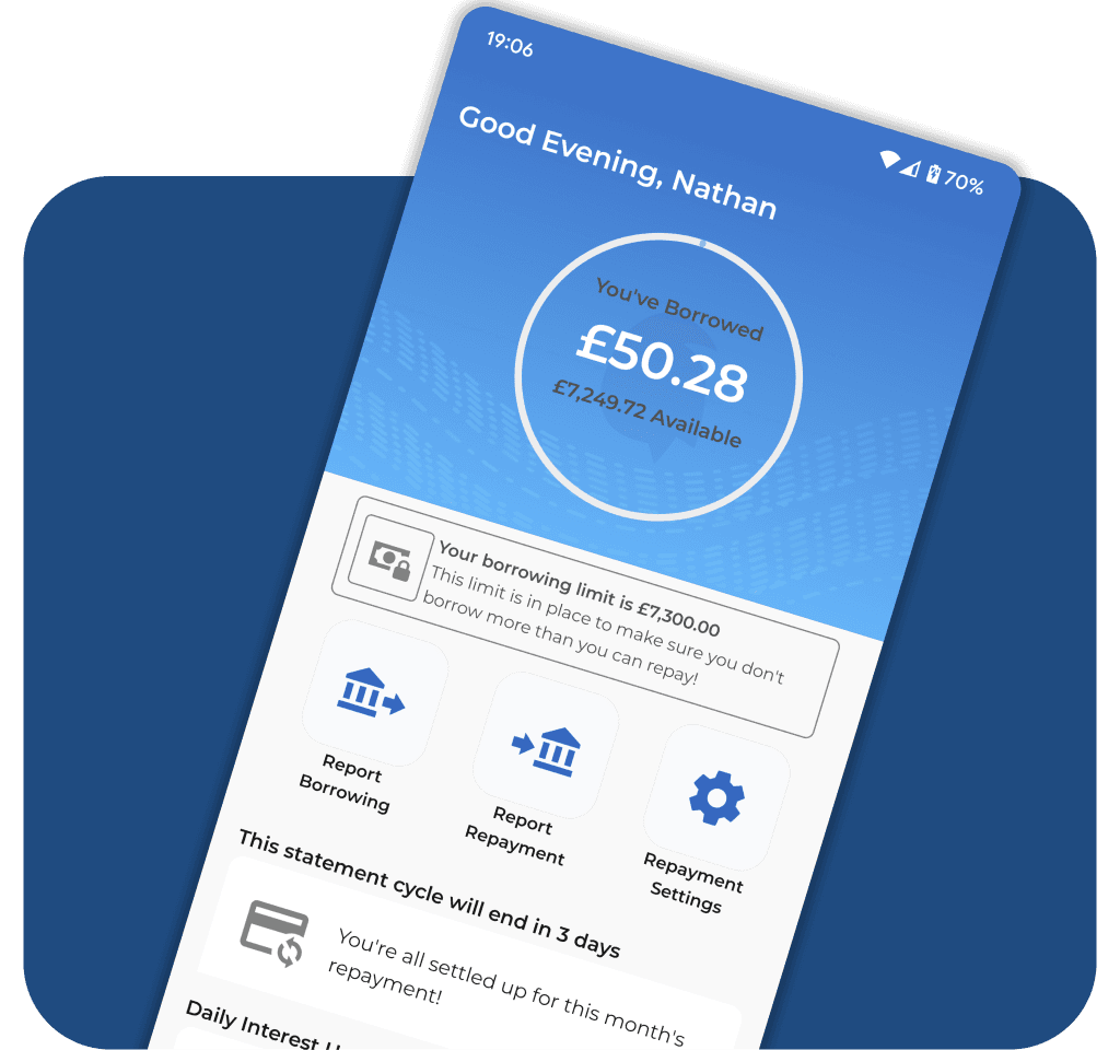 Homepage screen of the Crow app showing £250 borrowed, £1650 available and a cash balance of £2192, and some recent transactions.  Next to the screen is the blue Crow card